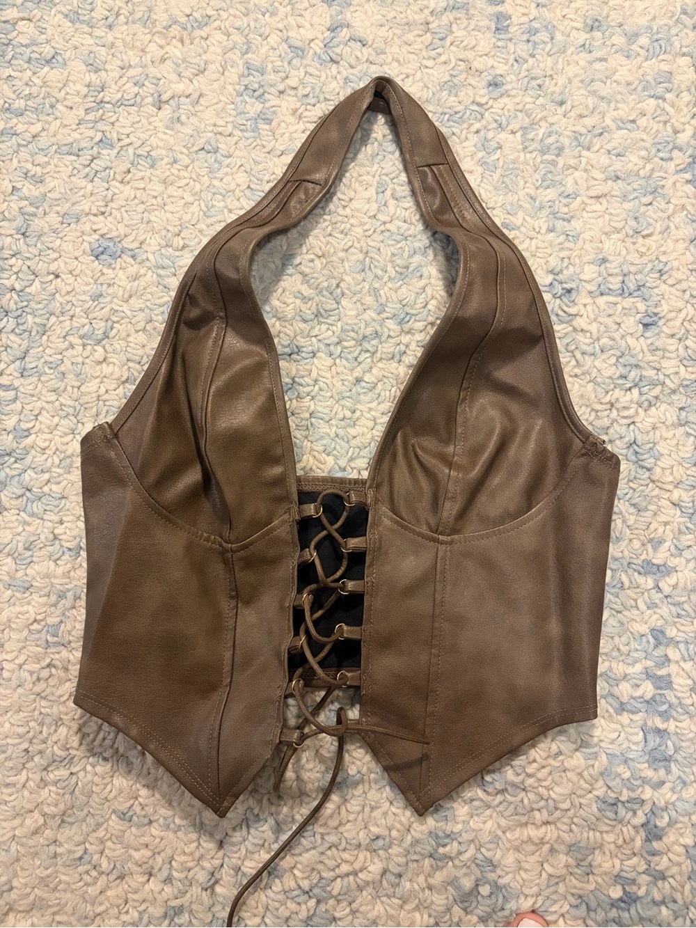 Lace-Up Faux Leather Halter Crop Top - Brown